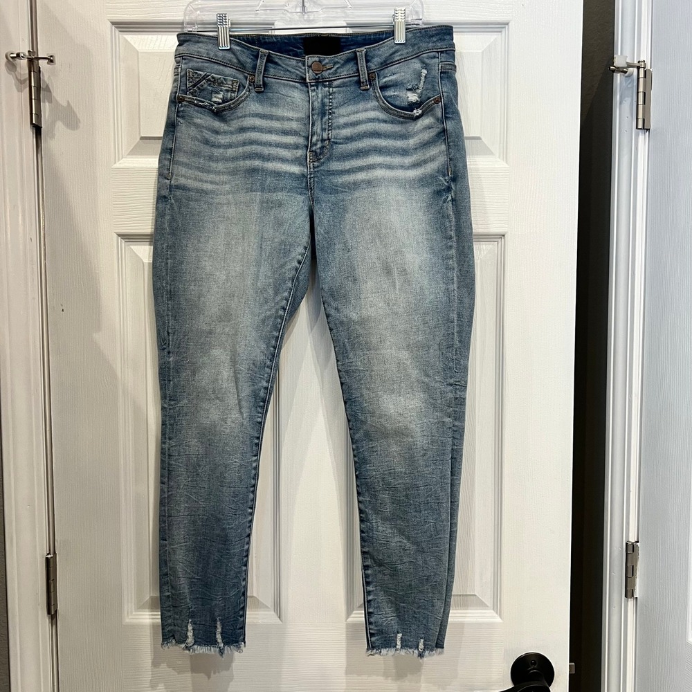 Buckle Black Ankle Skinny Jeans Cotton Denim Light Wash Distressed Frayed Hem